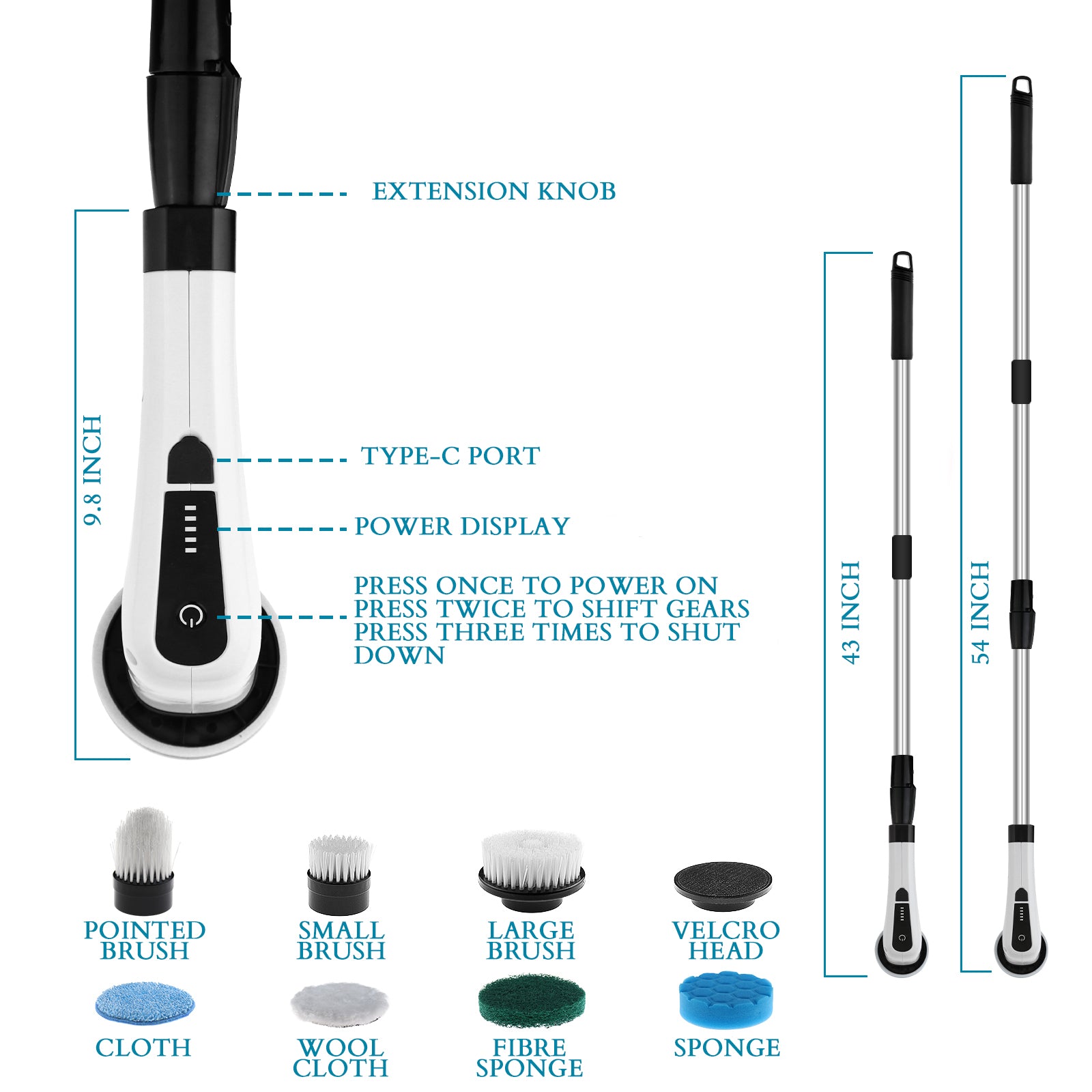 ShinyXceed™ Electric Spin Scrubber, Portable Cordless Scrubber with 8 Brush Heads & Adjustable Extension Handle