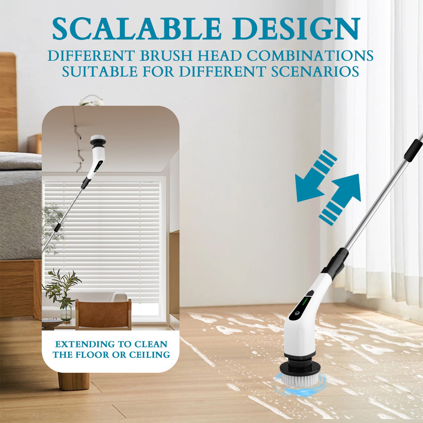 ShinyXceed™ Electric Spin Scrubber, Portable Cordless Scrubber with 8 Brush Heads & Adjustable Extension Handle