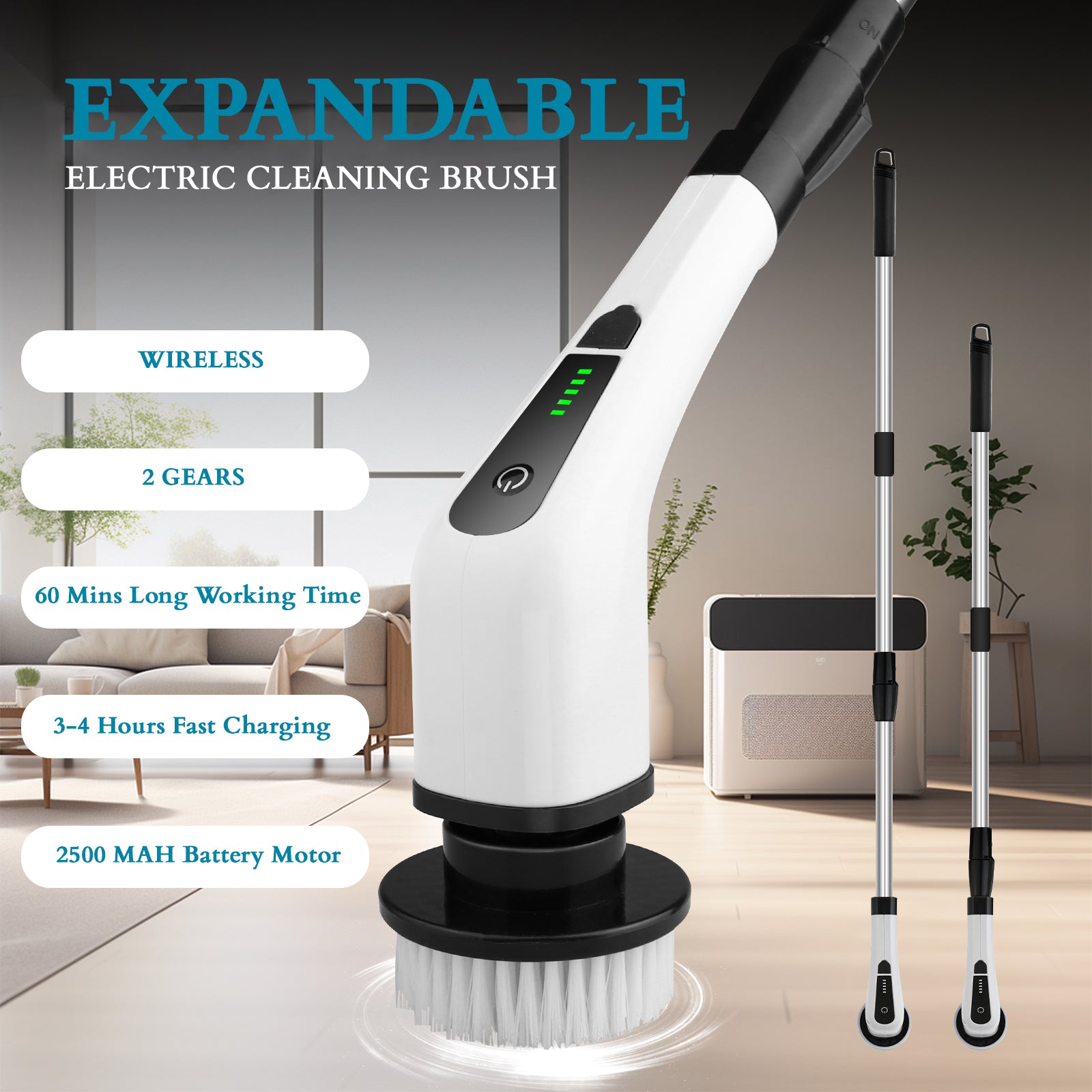 ShinyXceed™ Electric Spin Scrubber, Portable Cordless Scrubber with 8 Brush Heads & Adjustable Extension Handle