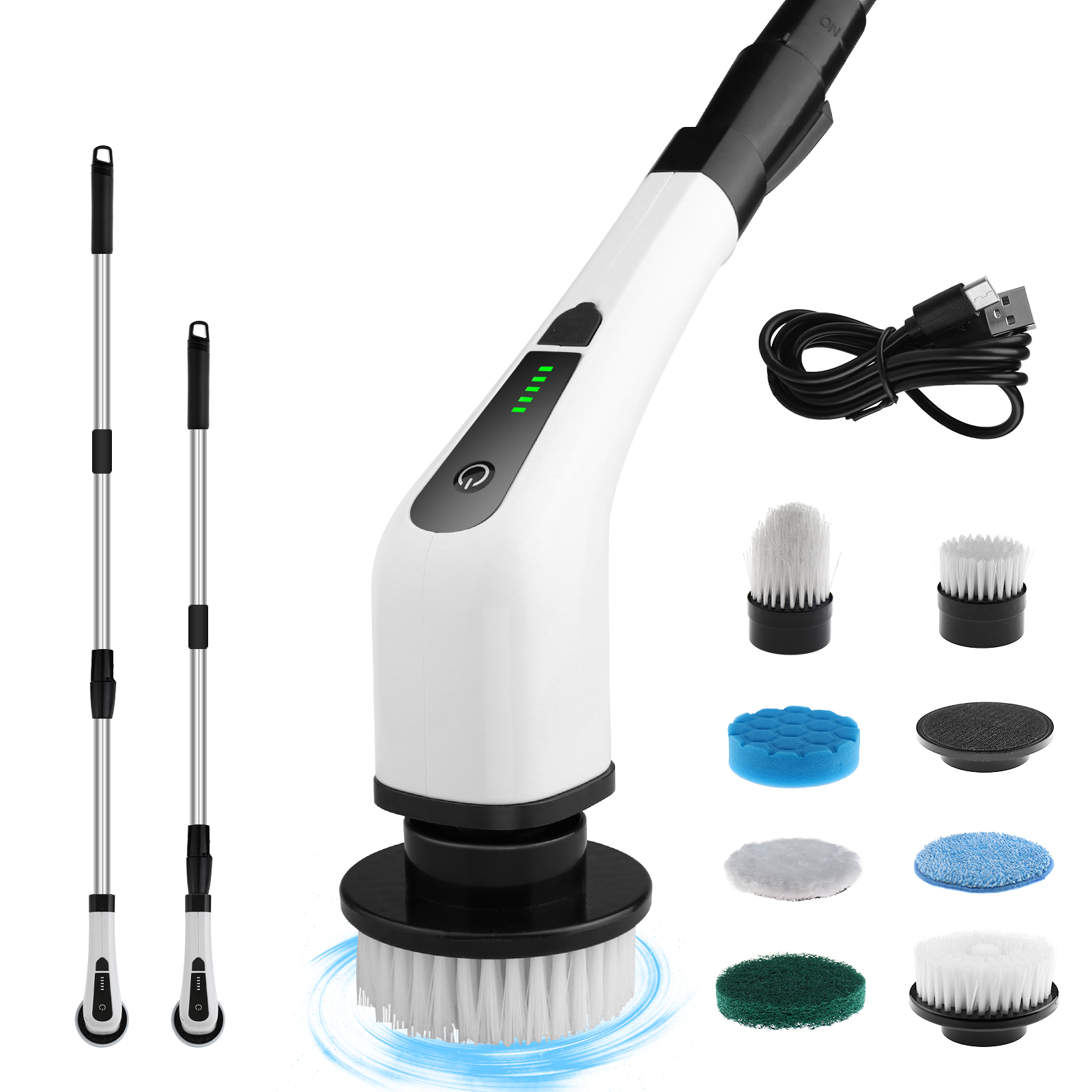 ShinyXceed™ Electric Spin Scrubber, Portable Cordless Scrubber with 8 Brush Heads & Adjustable Extension Handle